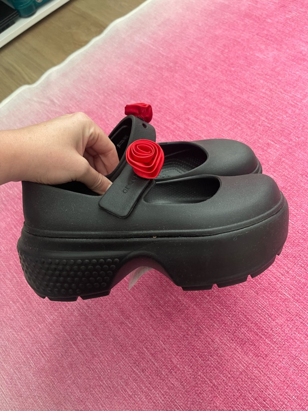 CROCS Black Platform Mary Jane Mules with Red Rose Charms